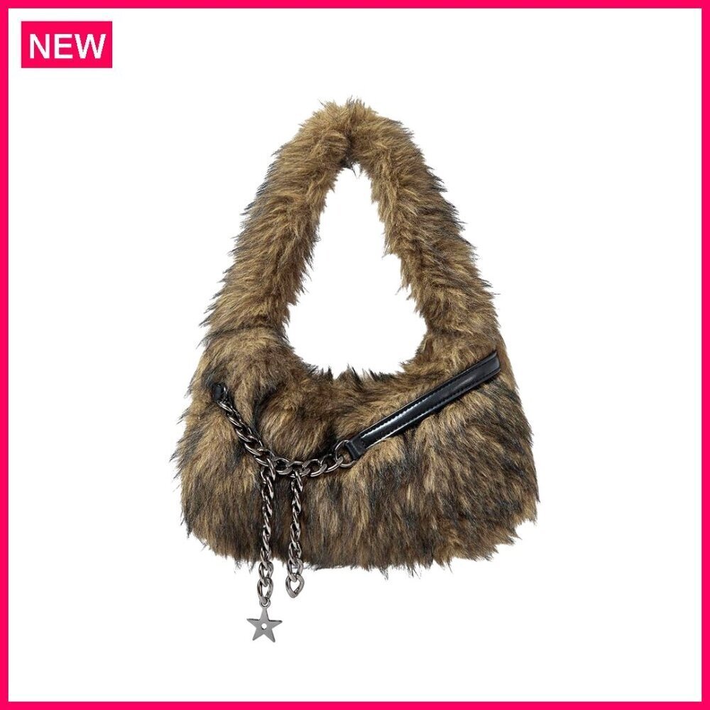 Faux Fur Shoulder Bag with Metal Chain Top Handle Y2K Purse